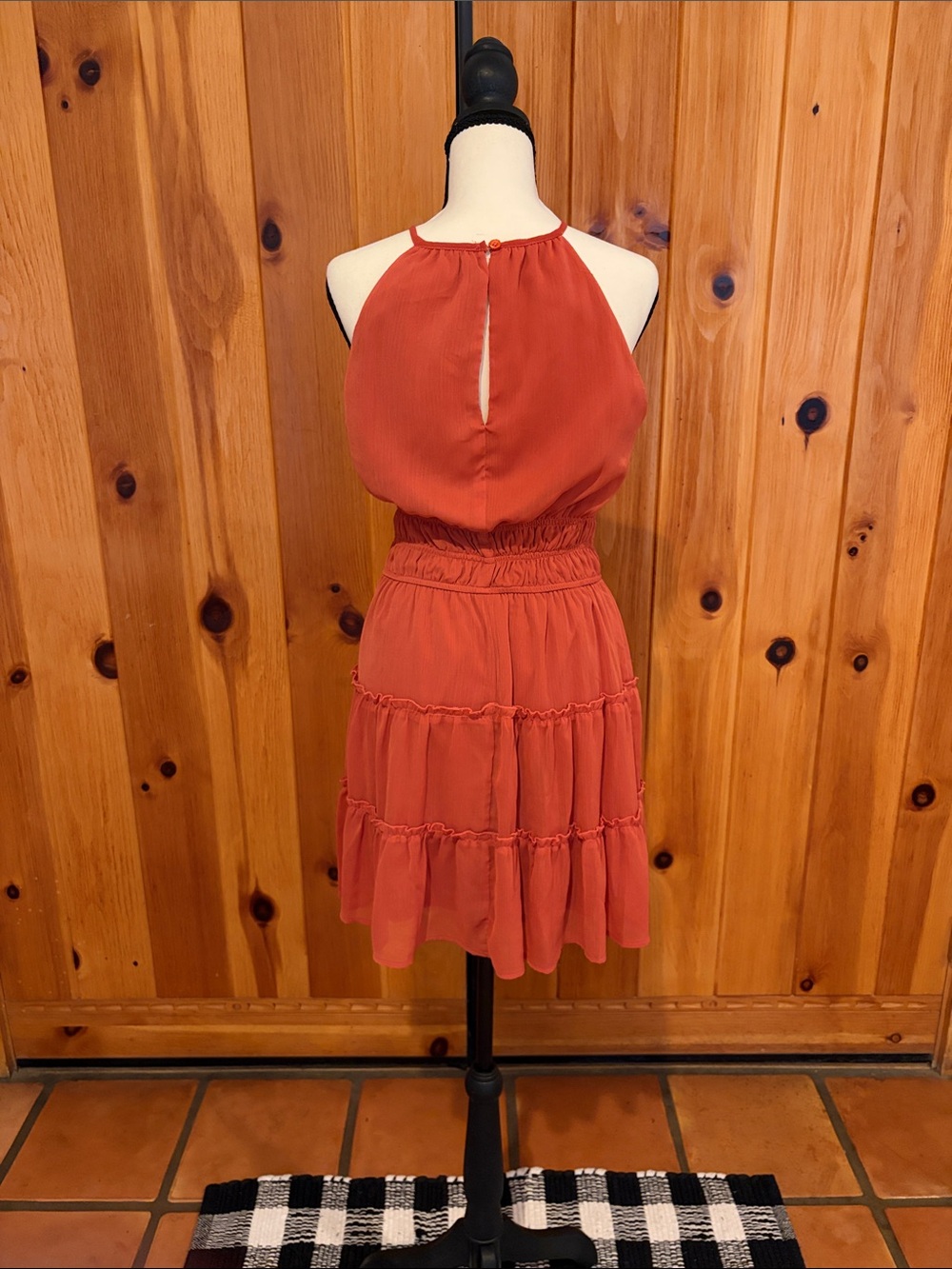 Rust Orange Halter Tiered Mini Country Western Boho Festival Dress Size Medium - Picture 2 of 6